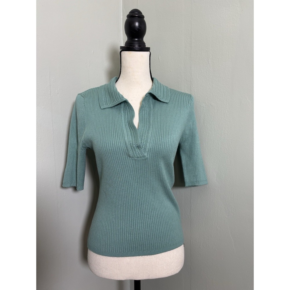 White House Black Market M Green Ribbed Polo Sweater Top Coastal Grandma Preppy